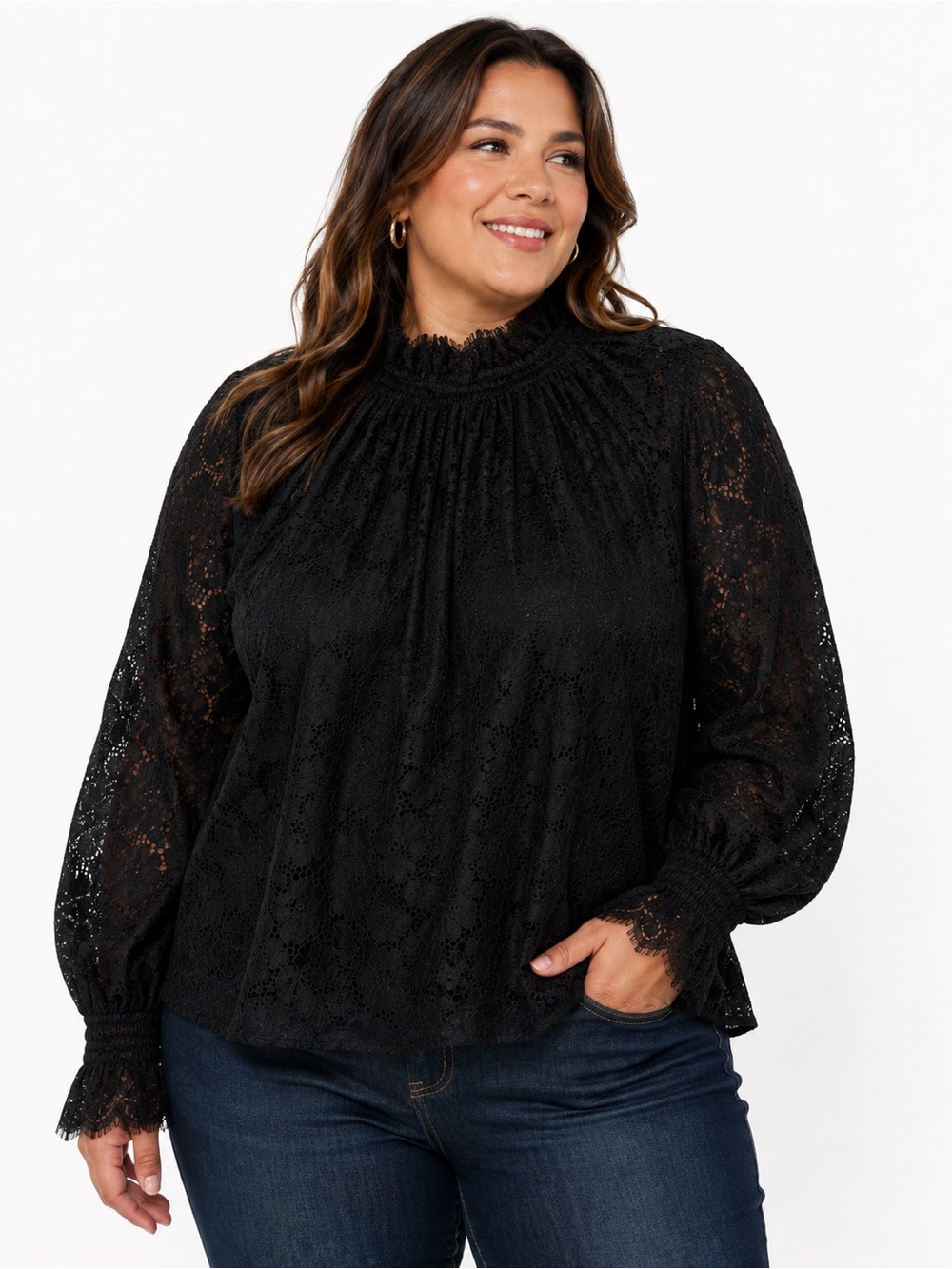 AQUA Black Floral Lace High Neck Blouse Size Large